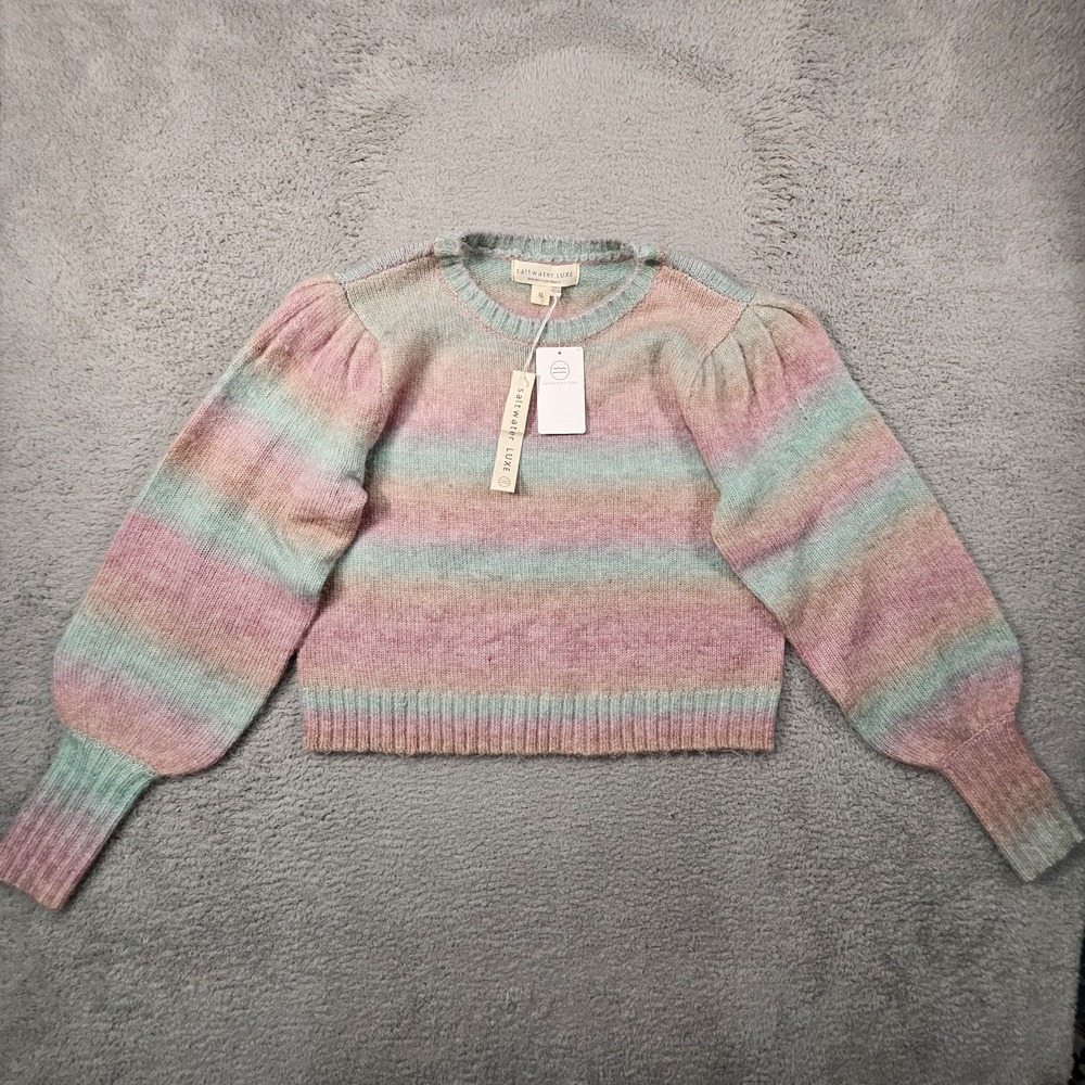 Saltwater Luxe Dollie Sweater Womens XL Rainbow Striped Puff Sleeves Soft Girl‎
